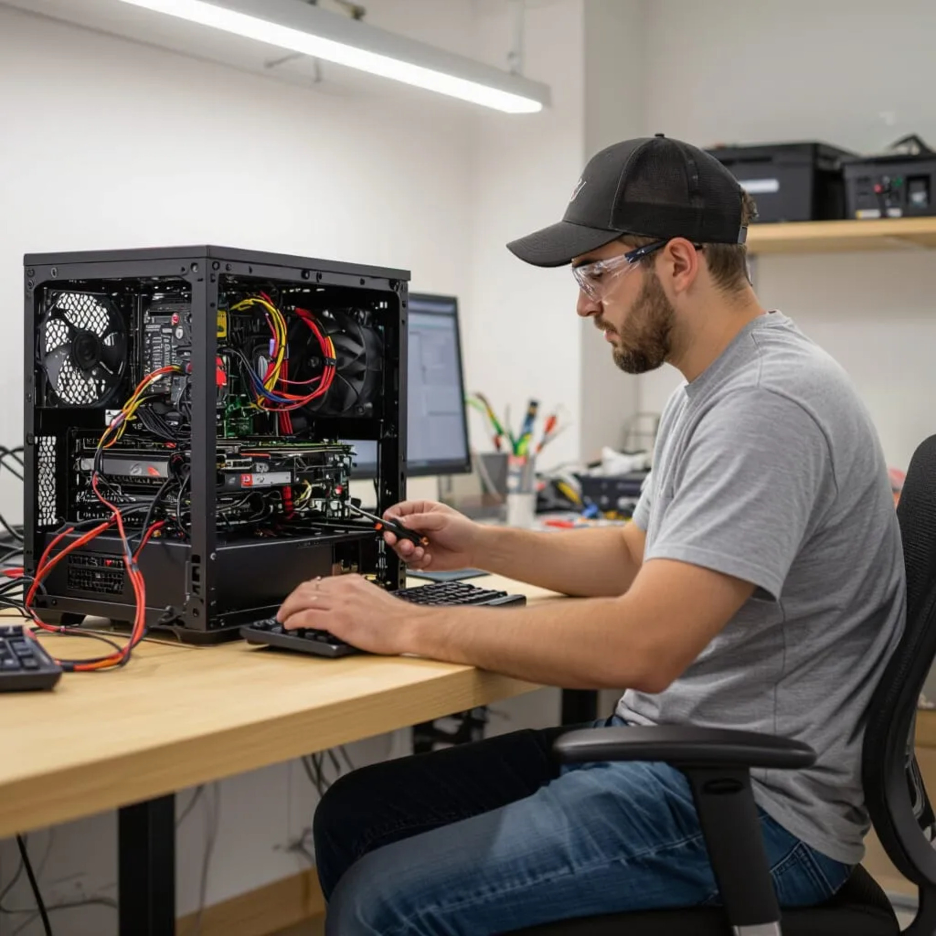 Bannière du service Jeune technicien travaillant sur un ordinateur démonté, illustrant le service d’assistance informatique.